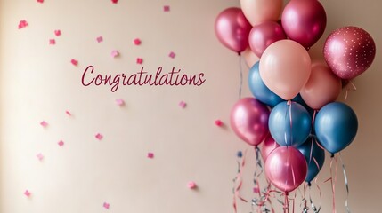Celebratory Balloons with 'Congratulations' Message and Confetti, Perfect for Commemorating Milestones and Festive Occasions in an Atmosphere of Jubilation