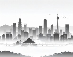 Naklejka premium grayscale foggy skyline at night