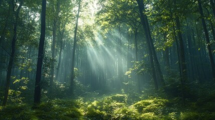 Obraz premium Sunbeams Dance Through Enchanting Forest