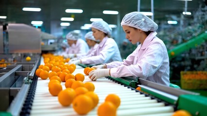 Orange packing process industrial facility manufacturing clean environment side view quality control