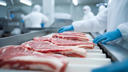 Meat processing action food industry visual content industrial environment close-up view production concept
