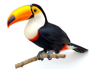 Fototapeta premium A colorful toucan, a tropical bird with a distinctive yellow and black beak, is isolated on a white background