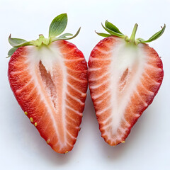 A strawberry sliced in half vertically, revealing its juicy red flesh and small, speckled seeds along the center.
