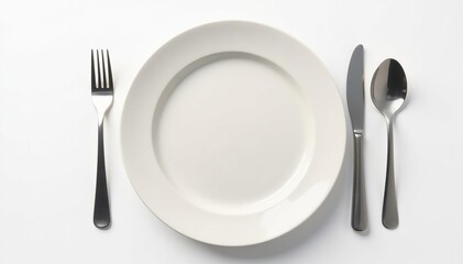 Close-up of empty plate, simple cutlery, white background , commitment, weight loss
