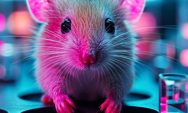 Close-up of a vibrant, illuminated laboratory mouse exploring a high-tech environment