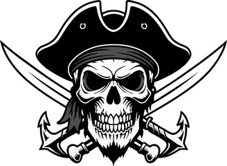 Black and White Pirate Skull Logo with Swords and Anchors – Vector Illustration for Tattoo and Branding