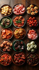 Diverse bowls of savory appetizers