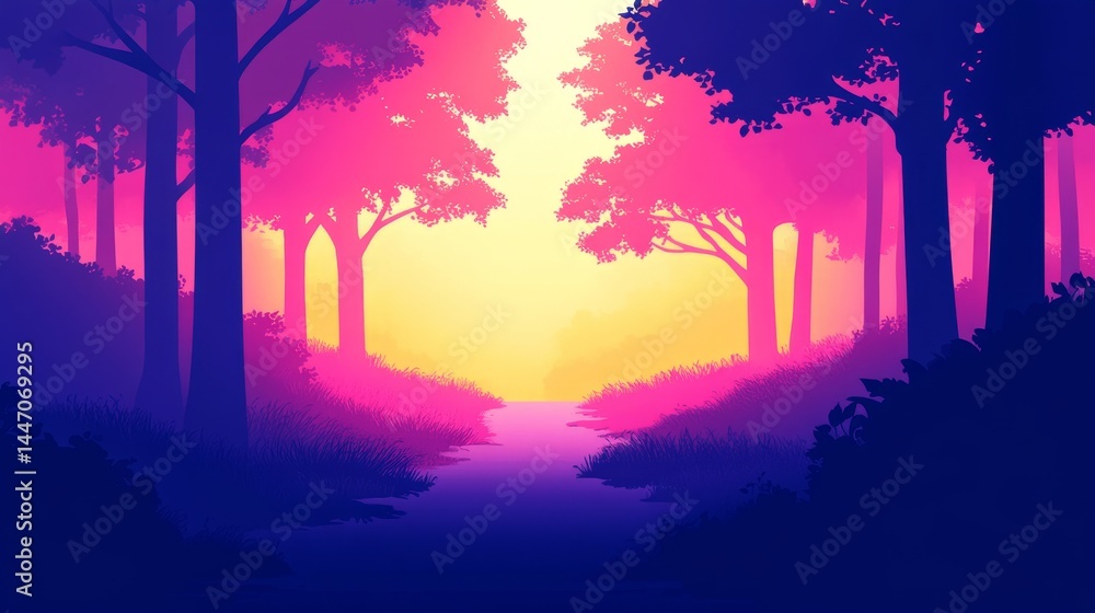 Poster enchanting pixelated landscape featuring a colorful forest trail with radiant light filtering throug