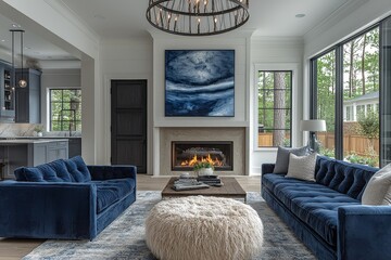 Modern living room with navy blue velvet couches, coffee table, fluffy ottoman, circular chandelier, and large painting above the sofa, captured for home decor magazine.