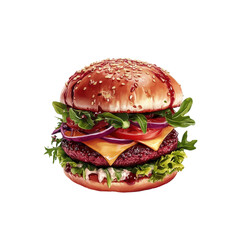 Highly detailed, rendered illustration of a gourmet hamburger, complete with various toppings.  The image showcases vibrant colors and realistic textures.