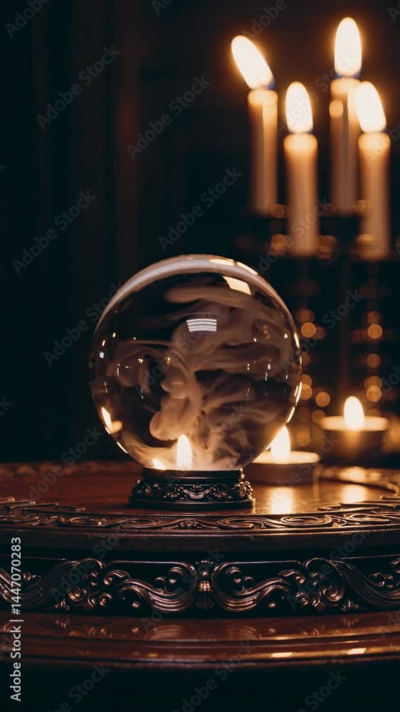 Poster a mystical video scene with a low-angle view of a crystal ball on an ornate table, surrounded by fli