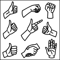 Obraz premium Set of hand gesture icons showing different hand symbols for communication, including thumbs up, thumbs down, fist, and palm signs in a simple vector design