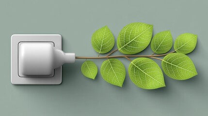 Green energy cable plugged into outlet, surrounded by lush leaves Sustainable power concept - electrical technology plants plug