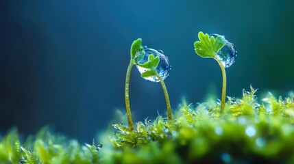 Closeup of moss and tiny plants in soft light
