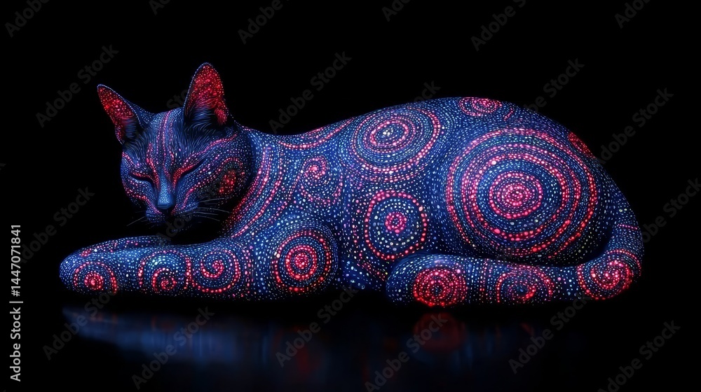 Poster artistic representation of a cat with complex fractal patterns in shades of cosmic blue and vibrant 