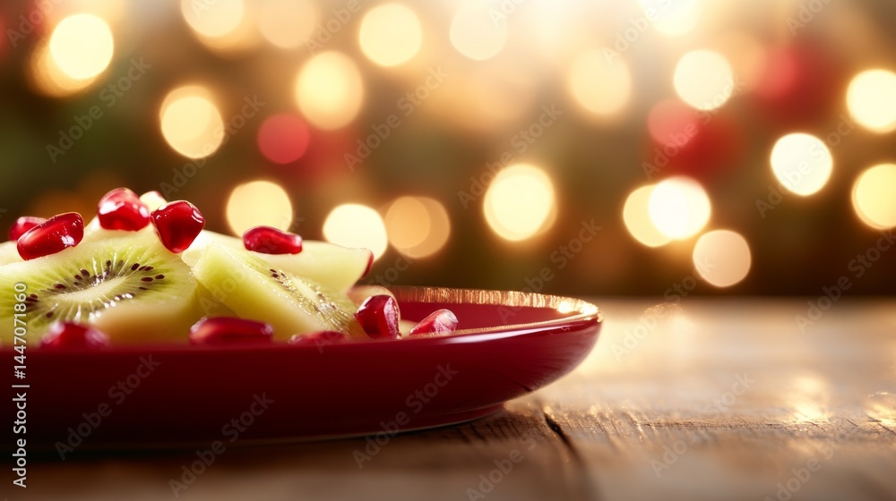 Poster close-up view showcases a playful dessert shaped like a star, decorated with slices of kiwi and pome