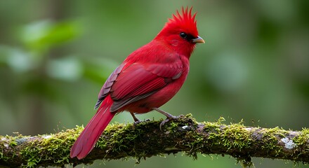 Vibrant Vermilion Cardinal on Mossy Branch.Add a splash of vibrant red to your visuals. Download this stunning bird photo!