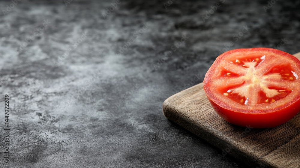 Poster close-up view of a freshly sliced tomato half resting on a wooden cutting board, showcasing its seed