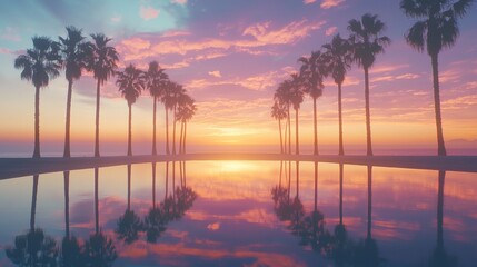 Sunset over a calm pool reflecting palm trees and colorful clouds in a coastal location