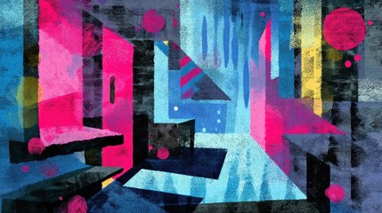 Fototapeta premium Abstract Geometric Expressionism with Vibrant Pink Blue Yellow and Black Colors in Modern Art Style