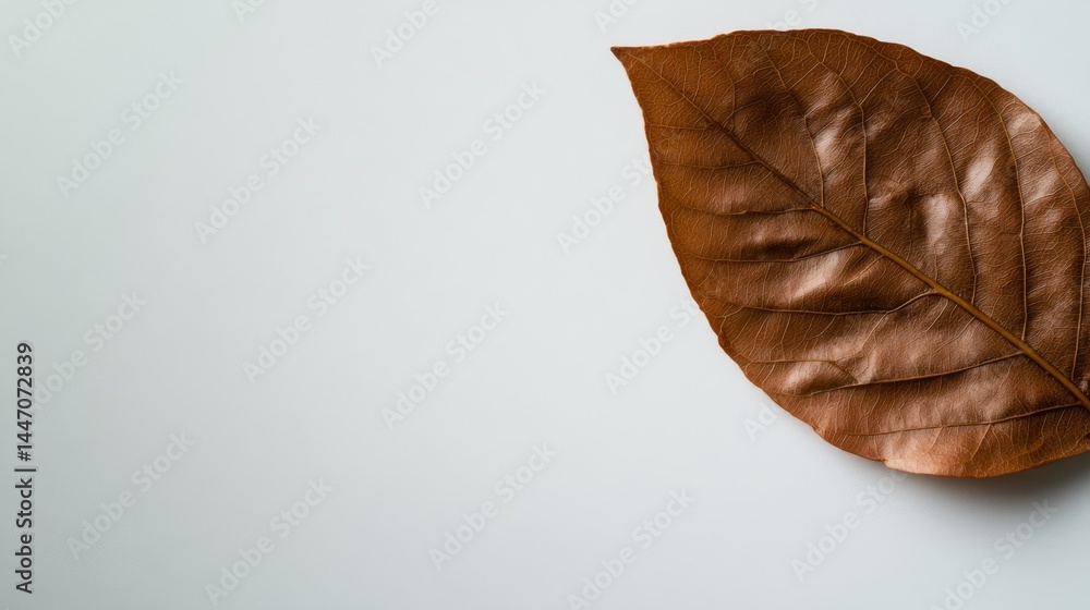 Poster a crisp brown leaf lies still on a white surface, showcasing its intricate veins and contours, creat