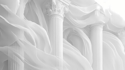 Minimalist white greek columns partially obscured by flowing fabric and abstract forms. [Dream Architectures] | Marble Fog | ethereal columns. Illustration