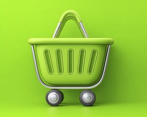 Bright green shopping cart on vibrant green background, symbolizing eco-friendly shopping and sustainable consumerism - bright packaging green cart