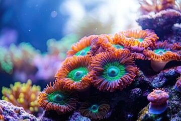 Fototapeta premium Vibrant coral polyps in a reef aquarium, showcasing their intricate structures and beautiful colors.