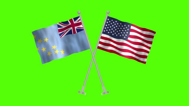 Flag of Tuvalu and USA, Cross table flag of Tuvalu and USA on Green screen chroma key, Tuvalu and USA 3D Animation flag waving in the wind isolated on Green Background. 
