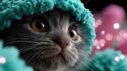 Close-up of a cute gray and white kitten with big amber eyes wearing a soft turquoise hat with pink background lighting