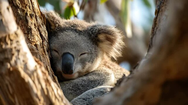 A cute koala is seen peacefully sleeping curled up in the branches of a tree, representing the tranquility and beauty of wildlife in its natural habitat.
