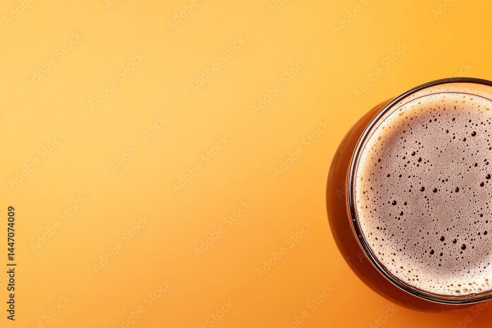 Poster close-up of a glass of amber beer with frothy bubbles, set against a soft pastel orange backdrop for