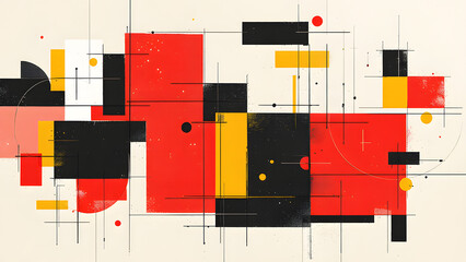 Abstract geometric composition with red black and yellow blocks design