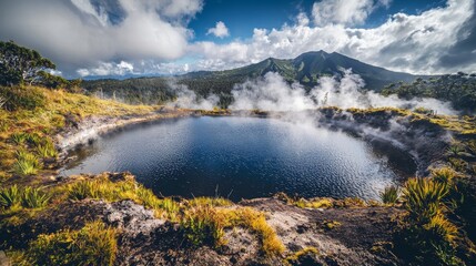Majestic volcanic landscape with a steaming thermal lagoon under a blue sky in the mountains of Central America