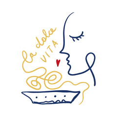 Italy mediterranean modern lettering La Dolce Vita coast doodle food, plate of pasta hand drawn vector, Italian summer cafe or restaurant vector artwork for t shirt, menu, graphic typography, hand