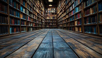 Obraz premium Long wooden aisle lined with antique bookshelves