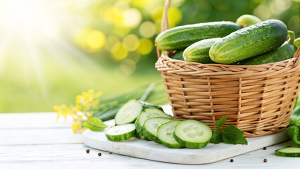 Cucumbers in Wicker basket with slices on white surface in Garden Bright Sunny day in Natural...
