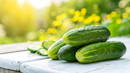 Fresh some Cucumbers on white board in Garden Bright Sunny day in Natural Background