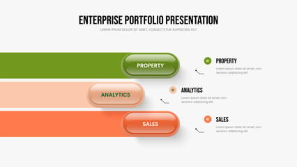 Enterprise Introduction 3 Step Infographic Slide Design. Product Forecast Three Element Diagram Slideshow Layout. Financial Campaign Frame Template Vector Illustration.
