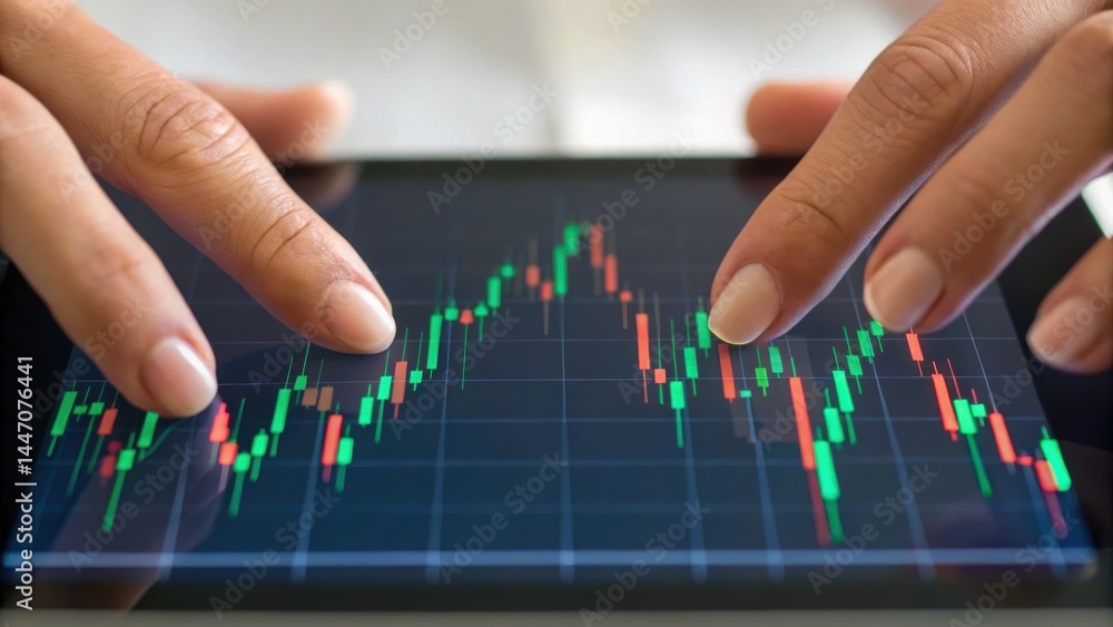 Poster hands interacting with a digital device displaying stock market data in vibrant colors, representing