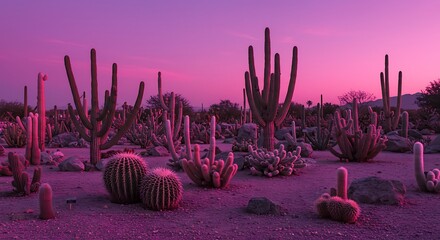 A surreal desert landscape bathed in vibrant purple hues at dusk, showcasing a variety of cacti silhouettes.