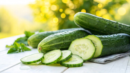Cucumbers and cucumbers slice on table in Garden Bright Sunny day in Natural Background