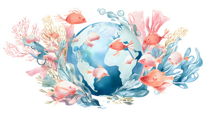 Earth Globe Surrounded by coral reefs and fishes watercolor