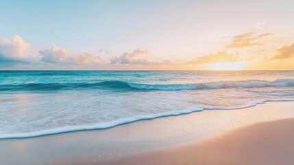 Sunset over tranquil ocean waves lapping at sandy beach shore