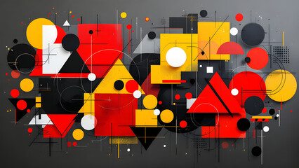 Modern geometric art featuring circles squares and triangles in red black yellow