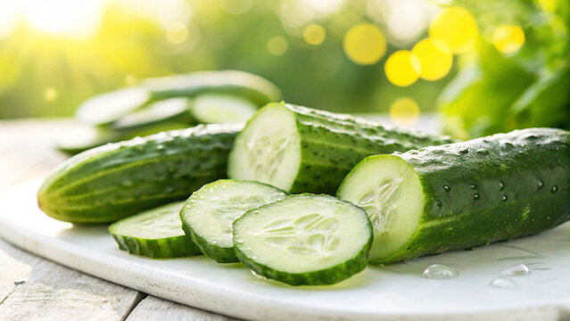 Cucumbers and cucumber slice on white table in Garden Bright Sunny day in Natural Background