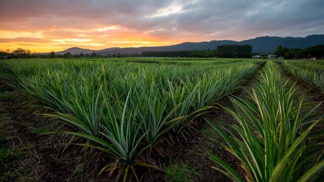 A stunning view of a pineapple field at sunset, showcasing the lush greenery and stunning mountain backdrop, creating a perfect setting for agricultural and travel photography.