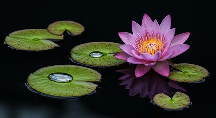 A beautiful pink water lily blooms serenely amidst lily pads with delicate water droplets, reflecting on the dark water.