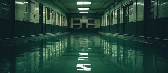 Eerie Reflections: A Dilapidated Industrial Hallway with Reflective Green Floor