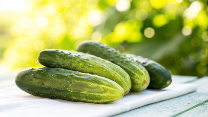 Fresh Cucumbers on white surface in Garden Bright Sunny day in Natural Background